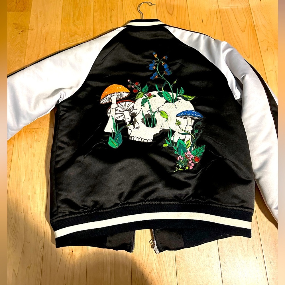 Skull and Mushroom Satin Bomber Jacket